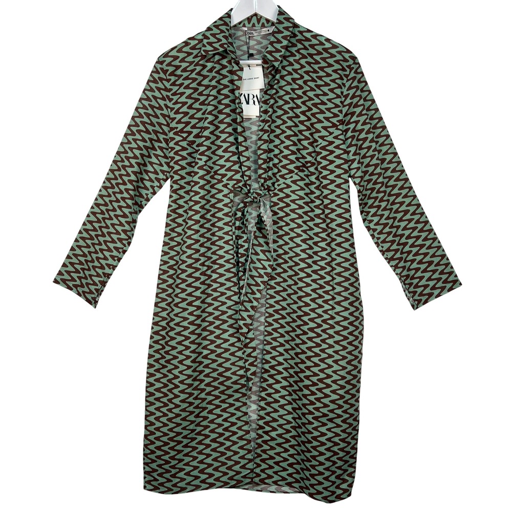 Zara Green Lizzie Shirt Dress Womens XS Long Sleeve Tie‎ Front Midi Mod Retro